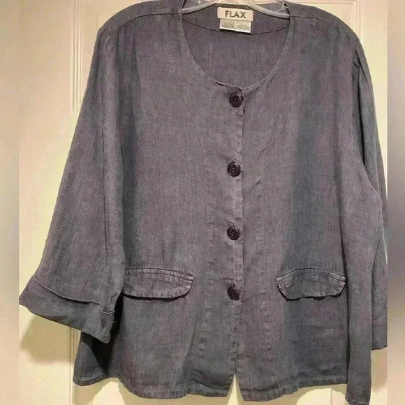 Flax Women’s Linen Oversized Lightweight Jacket Blue buttons pockets medium - Picture 1 of 12